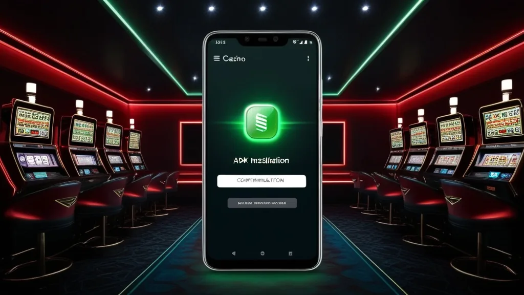 Telefon z ekranem instalacji pliku APK w ciemnym kasynowym wnętrzu